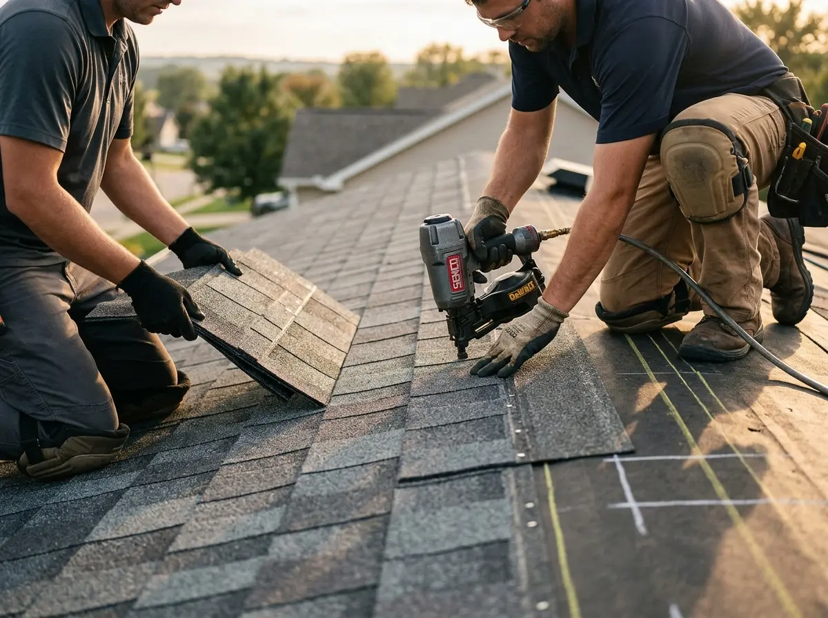 Professional roofer working on a residential roof in Paw Paw